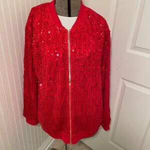 IN'VOLAND NWT Red Sequin Jacket Long Sleeve Knit Band Full Zipper Size 20W